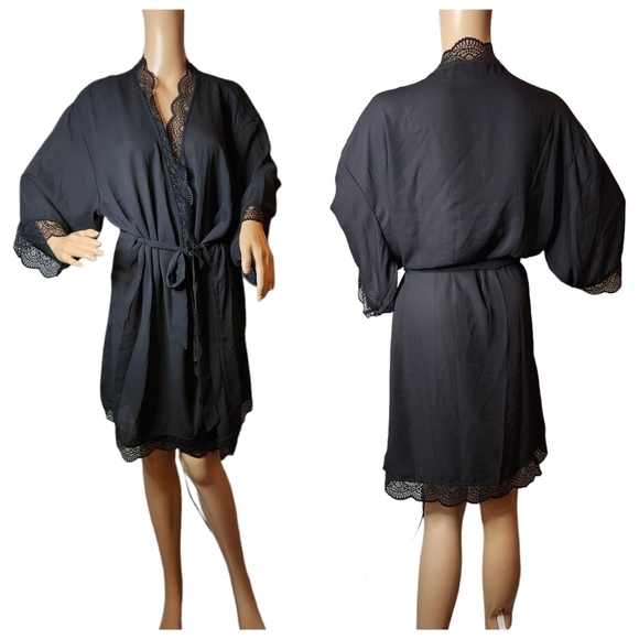 NWT Macy's INC Black Lace Trim Short Robe Women's Size XXL - Picture 4 of 14